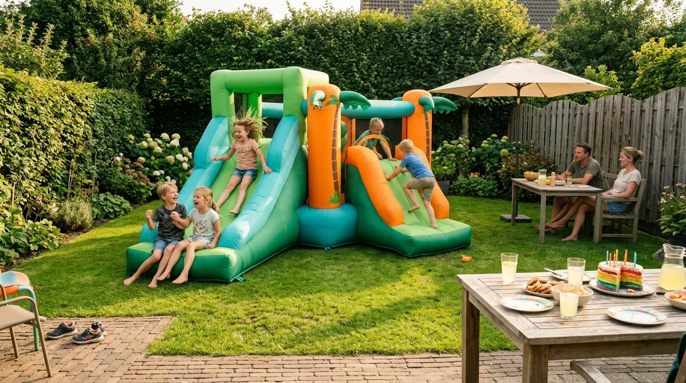 Springkussen in een Nederlandse achtertuin met spelende kinderen