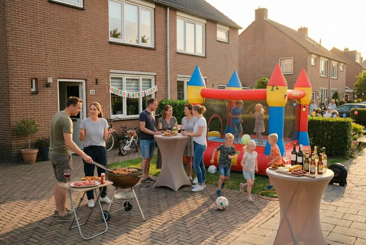 Buurtfeest met een springkussen in een Nederlandse straat