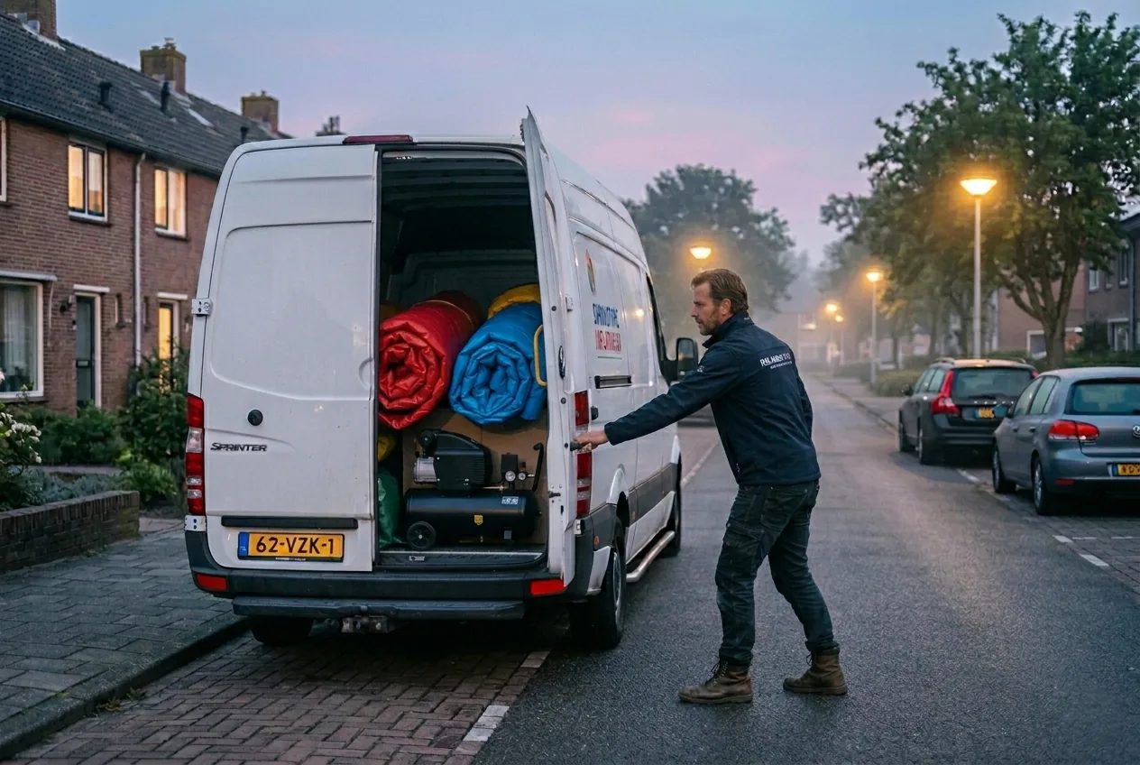 Verhuurder laadt opblaasattracties in de bestelbus in de vroege ochtend